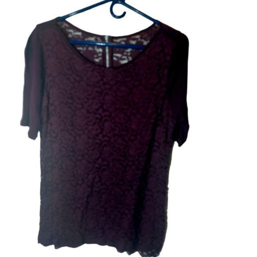 Women's Deep Purple Beautiful Lace Front Short Sleeve Blouse‎ Size Large